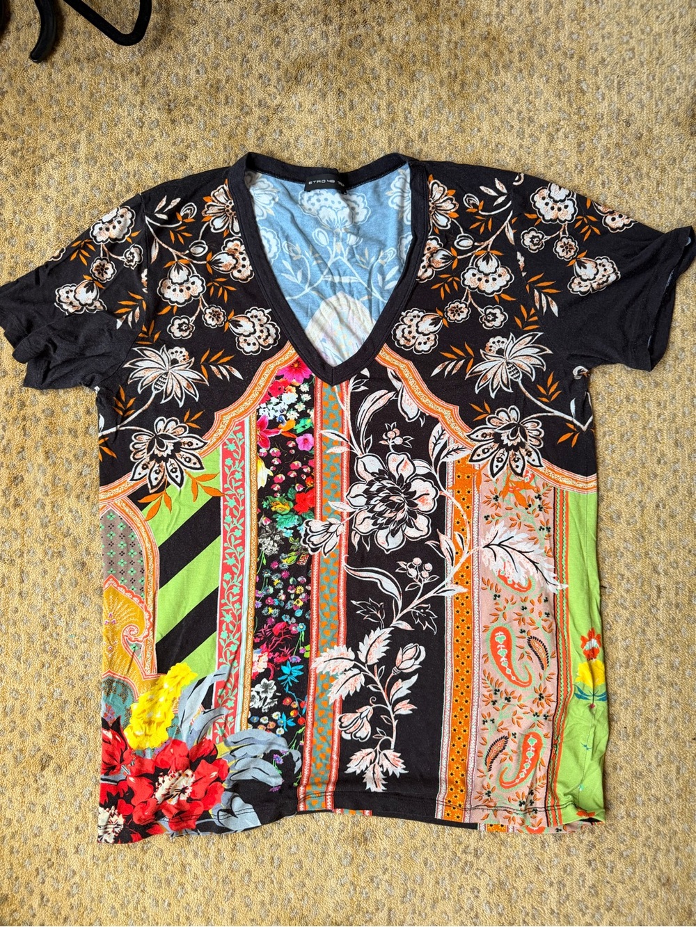 Etro Black Multicolor Floral Patchwork V-Neck Tee
